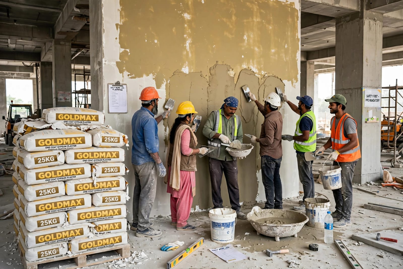 Construction workers applying Goldmax Gypsum Plaster